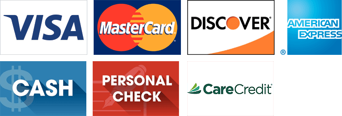 Visa, MasterCard, Discover, American Express, Cash, Personal Check and CareCredit