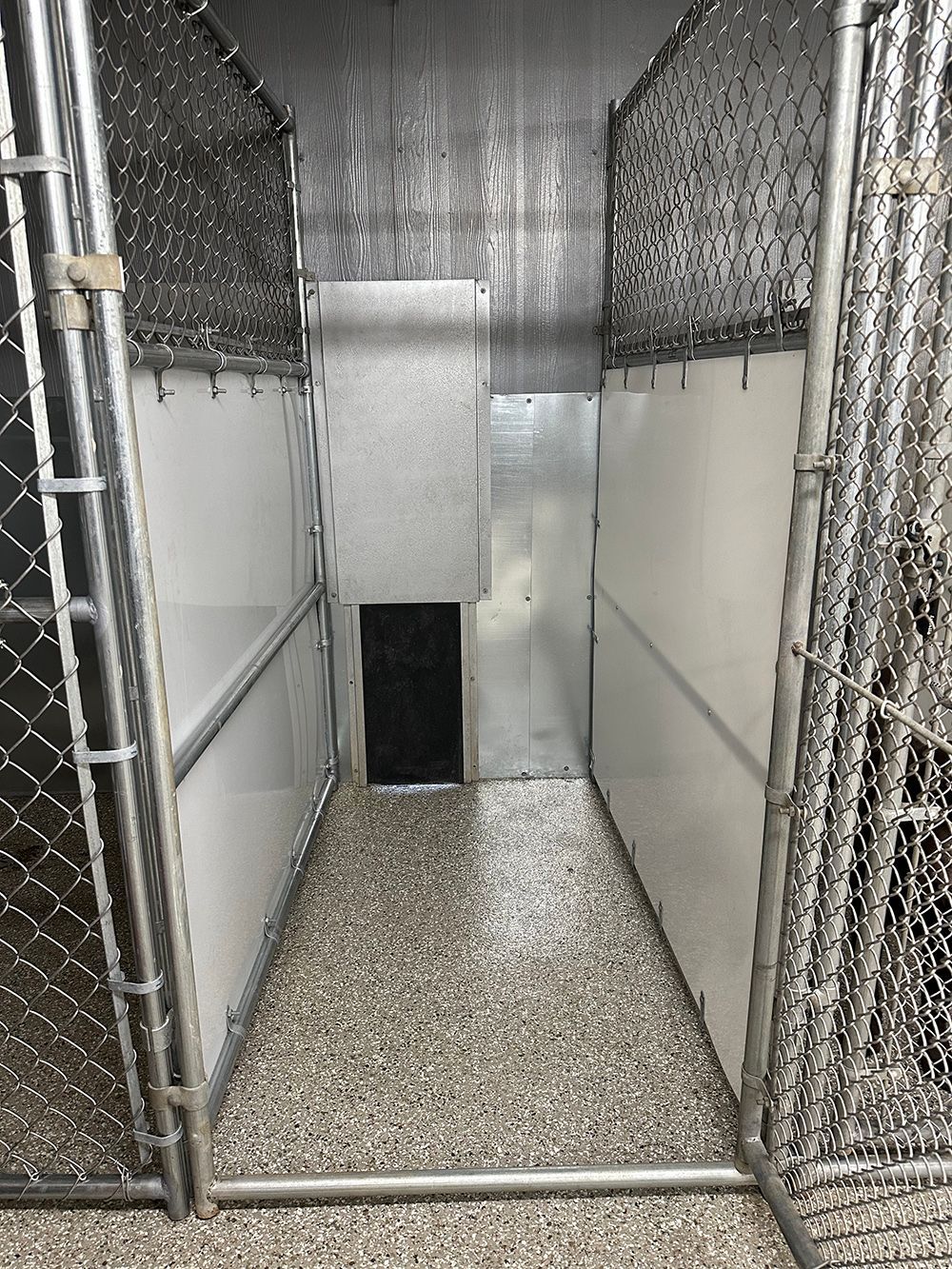 An empty dog kennel with chain-link sides, white partitions, and a grey speckled floor, leading to a small doorway.