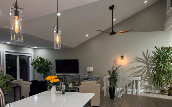 Modern living room with vaulted ceiling, pendant lights, ceiling fan, TV, and plants