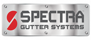 Spectra Gutter Systems logo on a shiny metal plate with red and gray text.