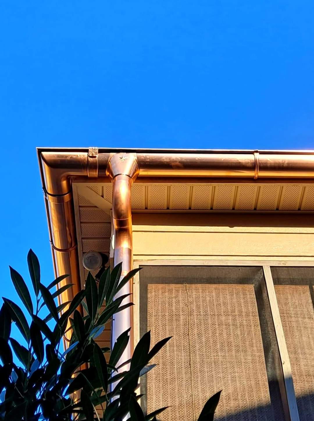 Gold gutters and a downspout on a building corner against a clear blue sky.
