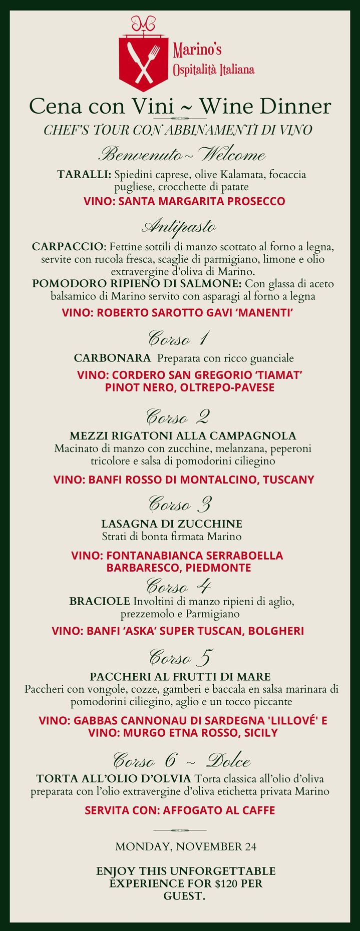 Wine Dinner Menu