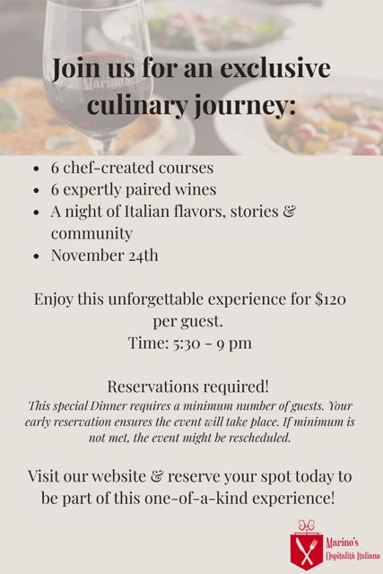 Advertisement for a culinary journey with six courses, paired wines, and an Italian theme on November 24th, $120 per guest.