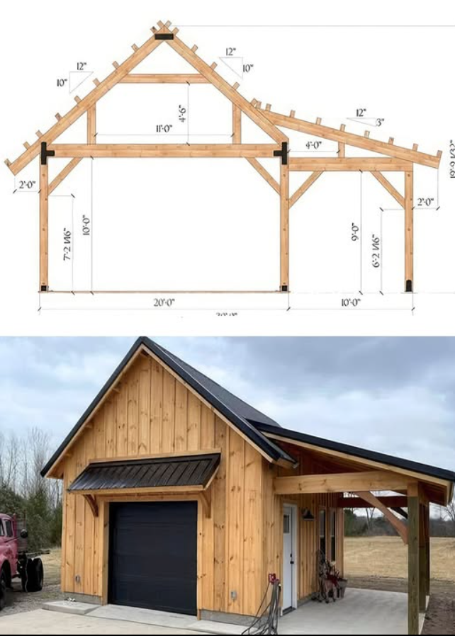Diagram and photo of a wooden timber frame building. Shows dimensions in the diagram and finished appearance.