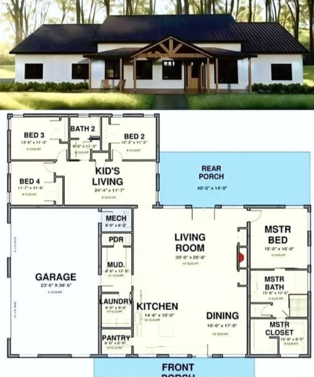 House exterior and floor plan: white house with black roof, layout includes bedrooms, living areas, kitchen, and garage.