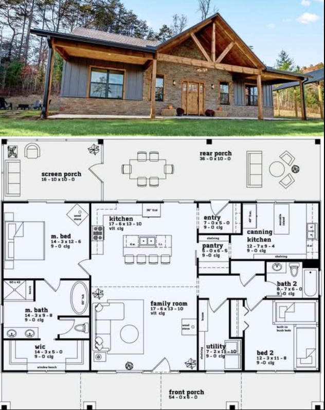 Exterior view and floor plan of a single-story home with a porch, featuring a stone and wood facade.