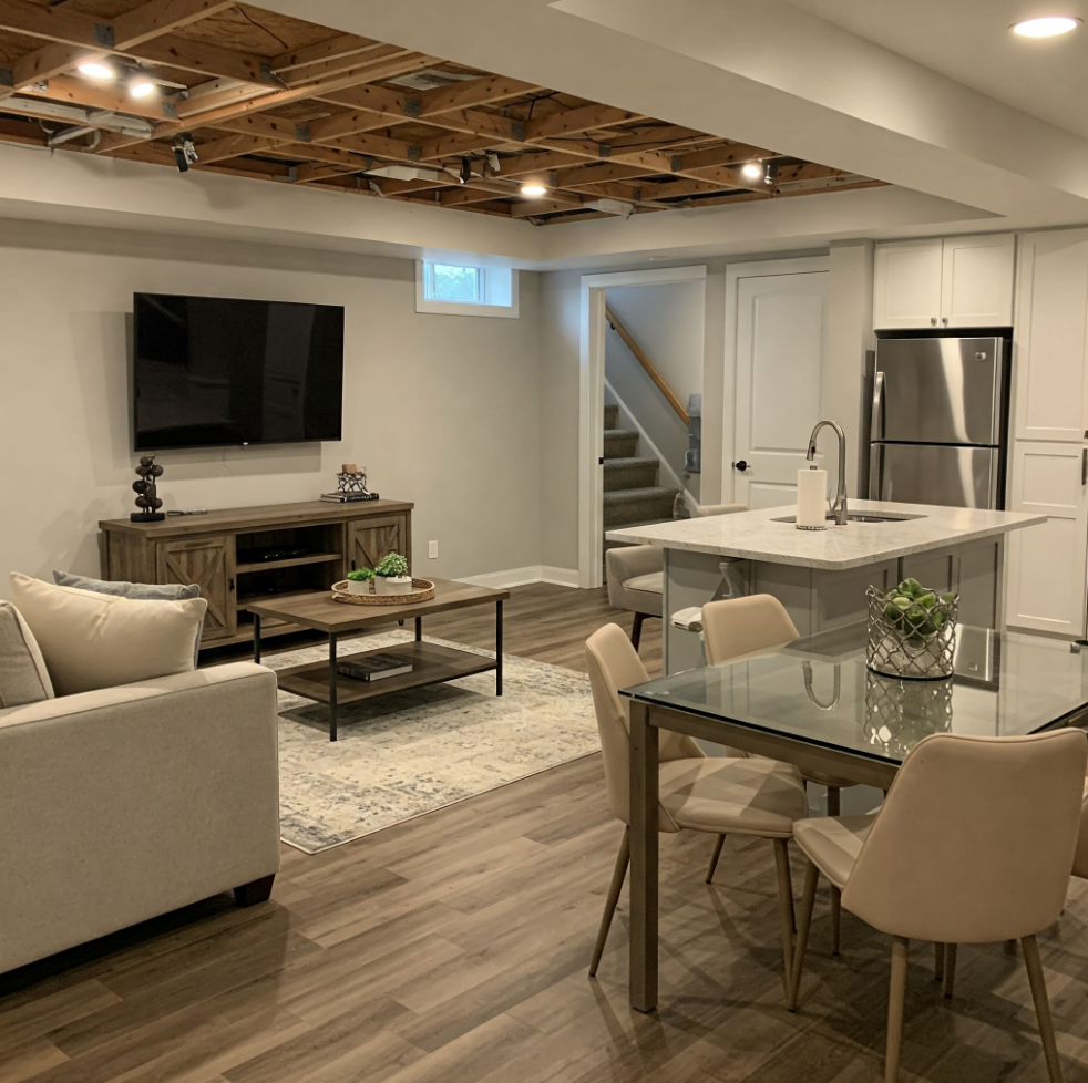Finished basement with living, dining, and kitchen areas. Light-colored walls, wood floors, and recessed lighting.