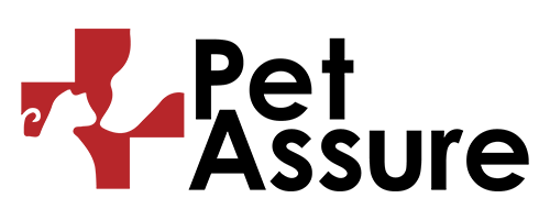 Logo for Pet Assure: A red cross shape with white dog and cat silhouettes, and black text.