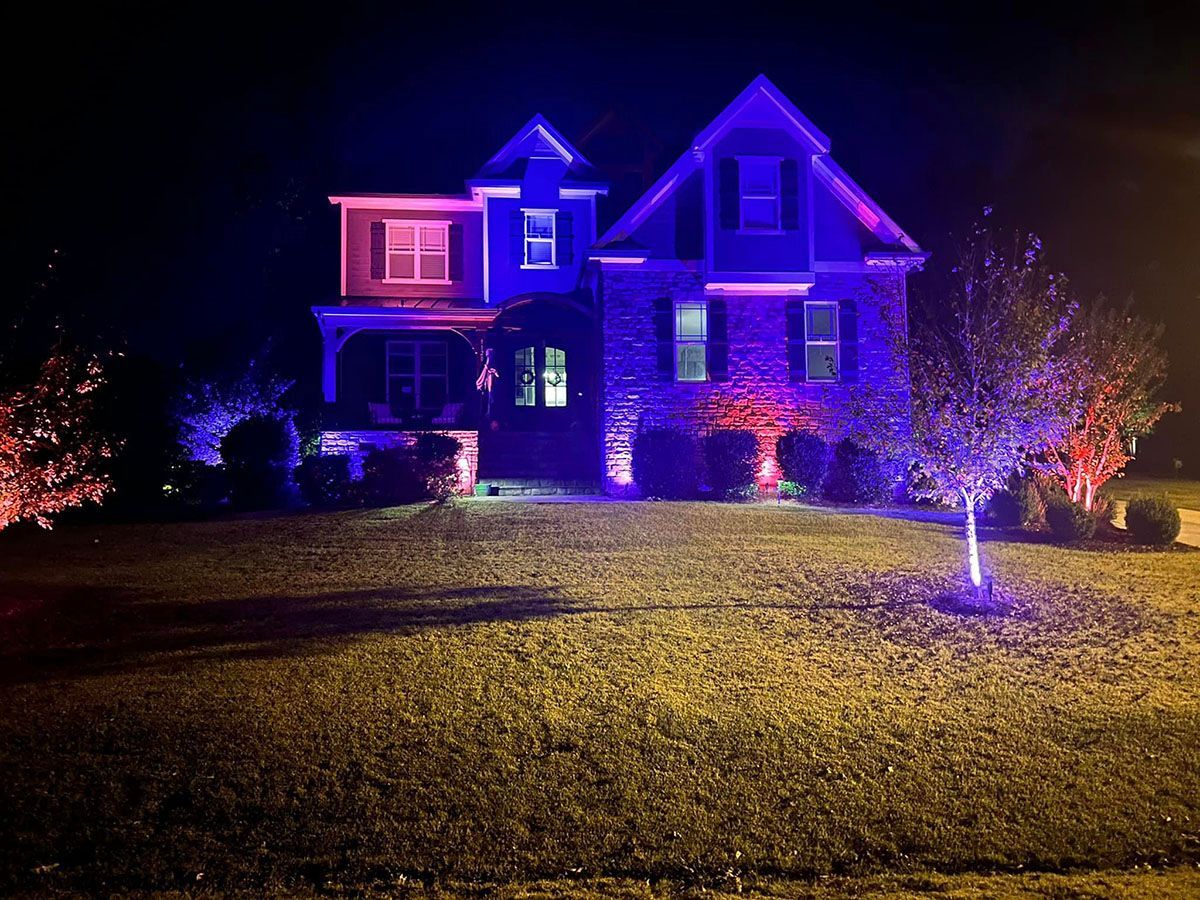 A house is lit up with purple and red lights at night