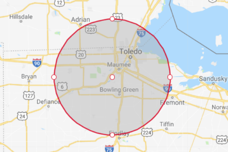 radius map 30 miles from Waterville, Ohio