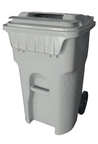 A white trash can with wheels and a lid