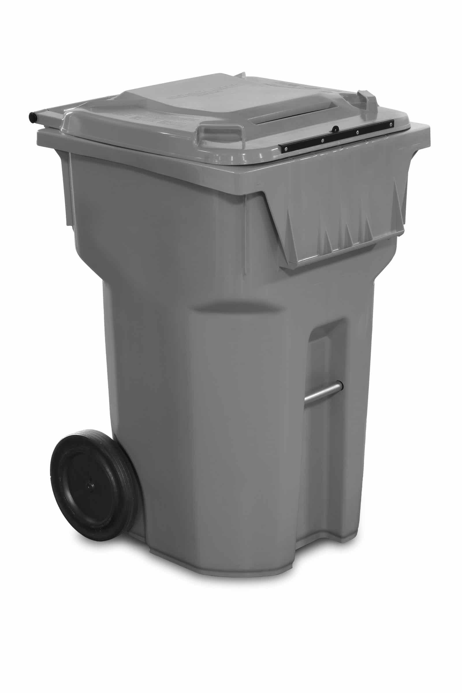 A gray trash can with wheels and a lid on a white background.