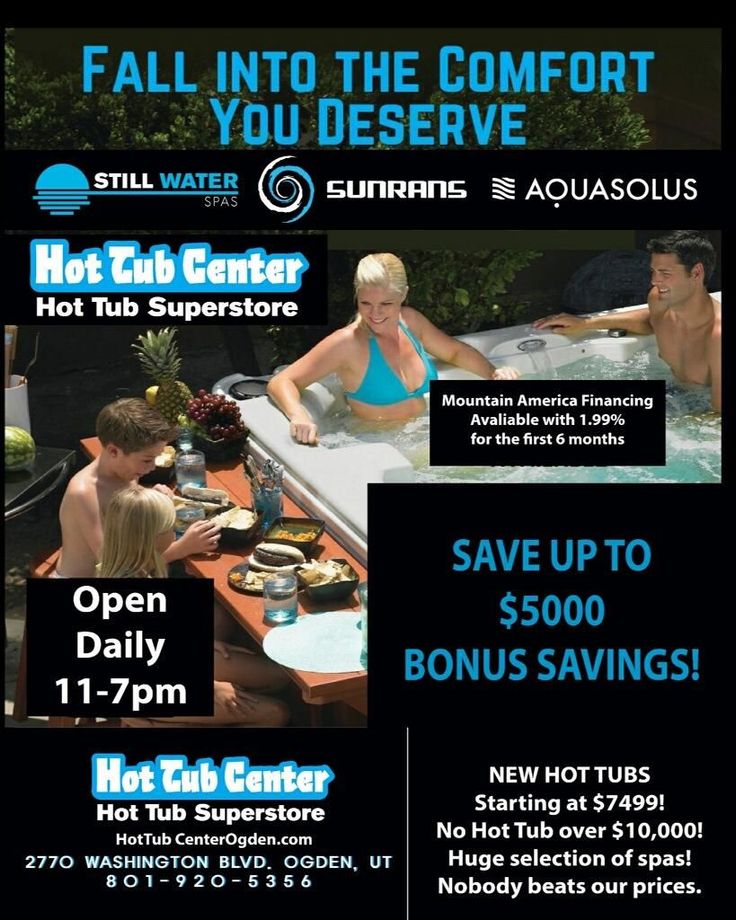 Hot tub store ad with people relaxing outdoors, “Fall into the comfort you deserve” and sale details on black background