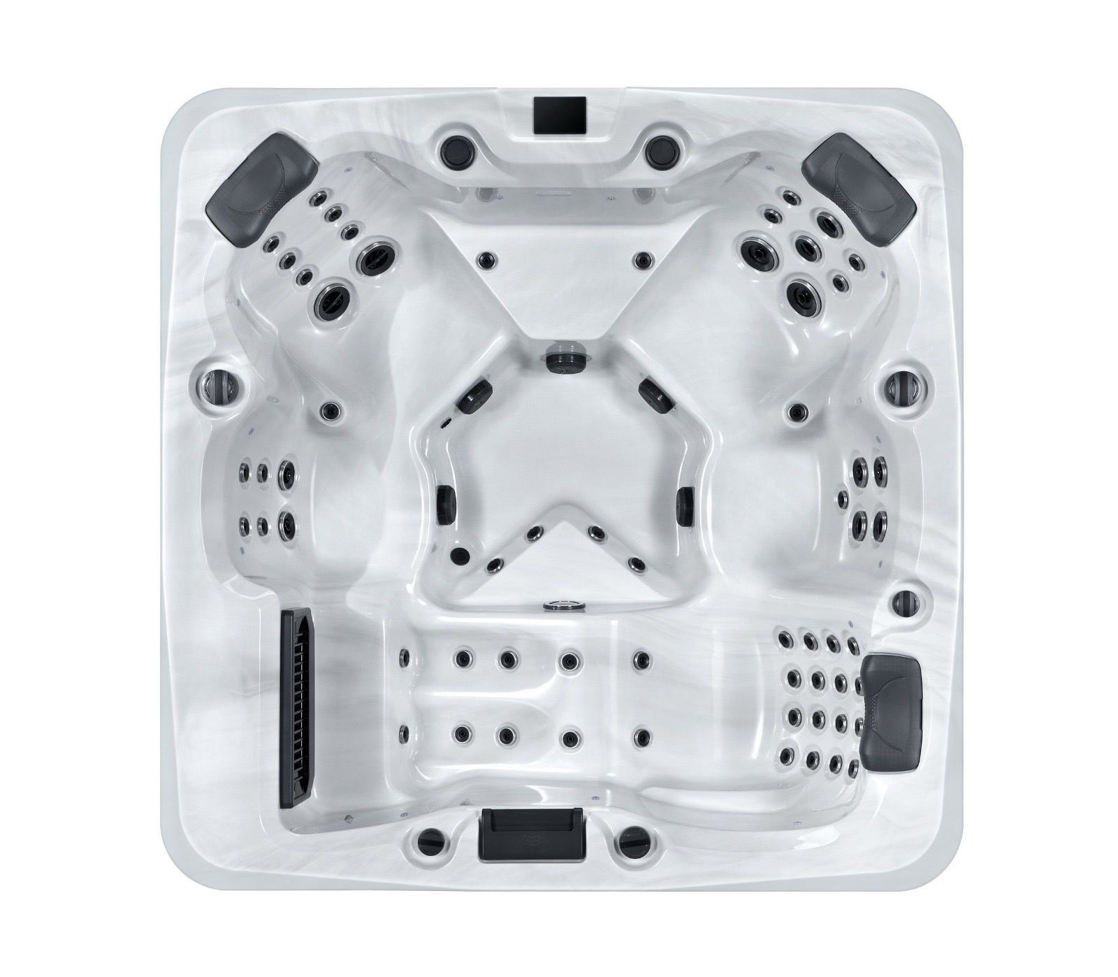 Top-down view of a white square hot tub with multiple seats and jet nozzles