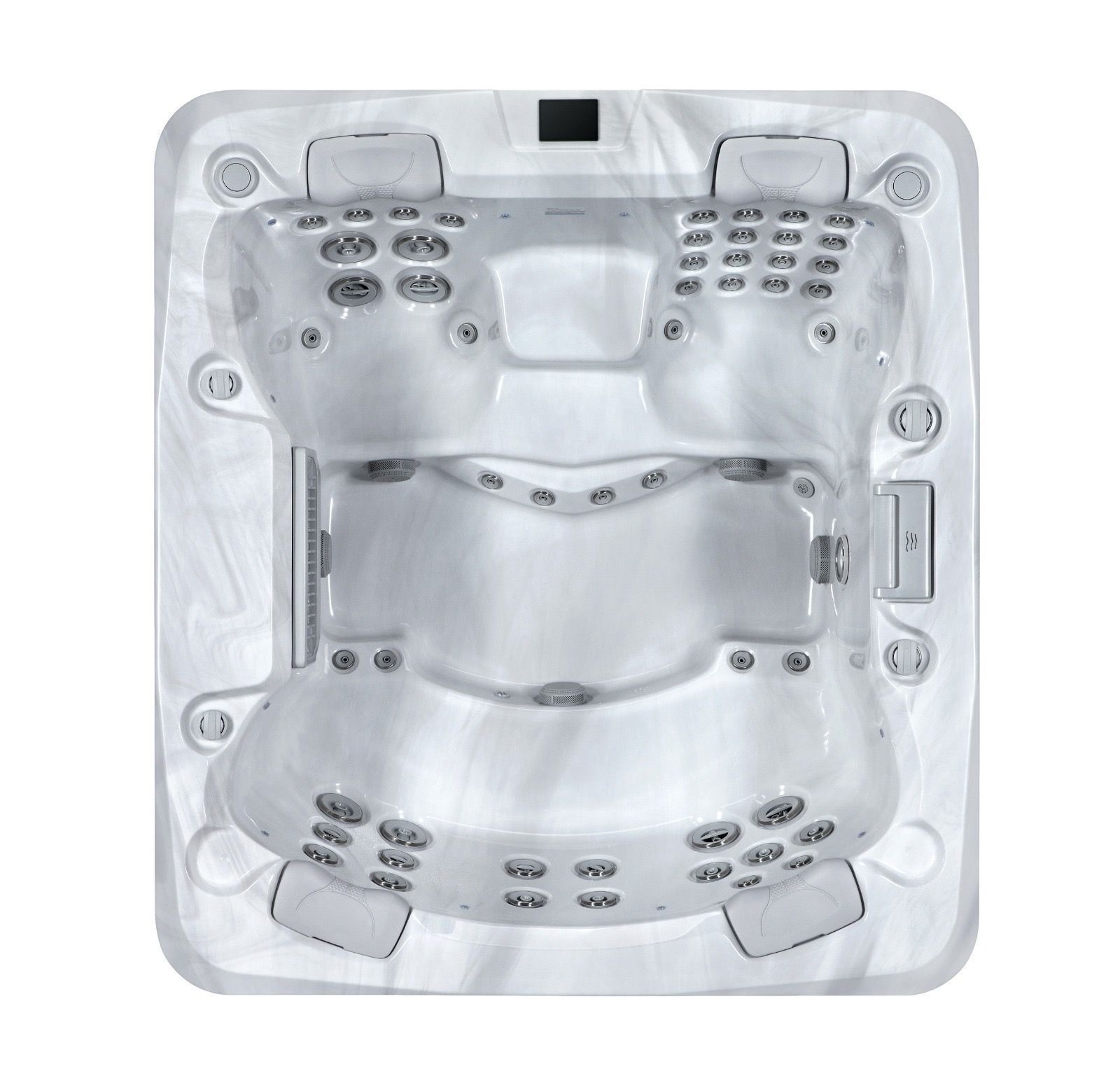 Top-down view of a white hot tub with multiple seating areas and jets