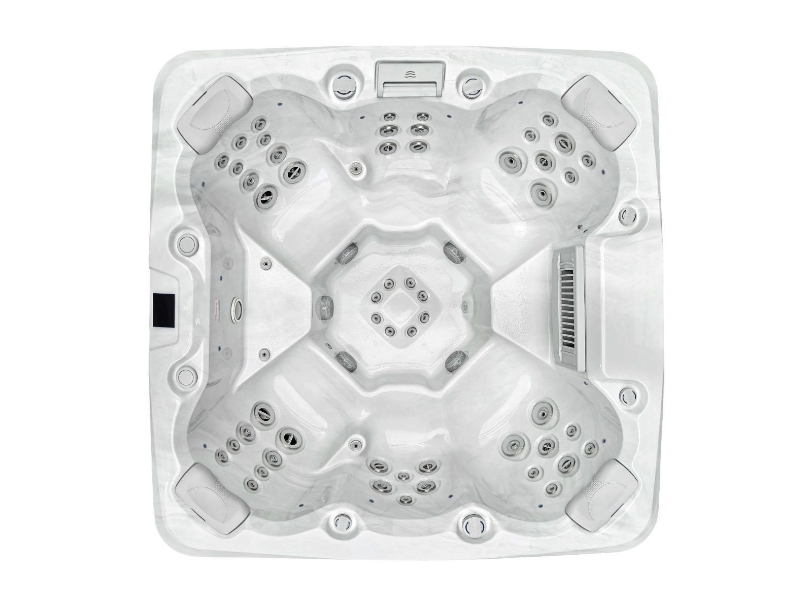 Top-down view of a white square hot tub with multiple built-in seats and jets