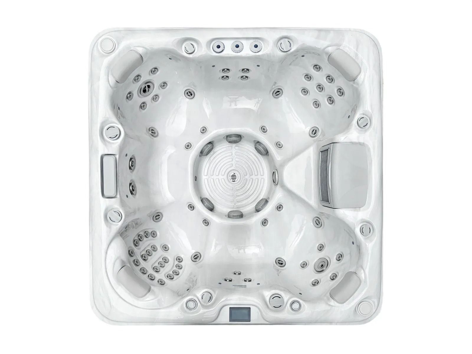 Top-down view of a white six-seat hot tub with built-in jets and controls