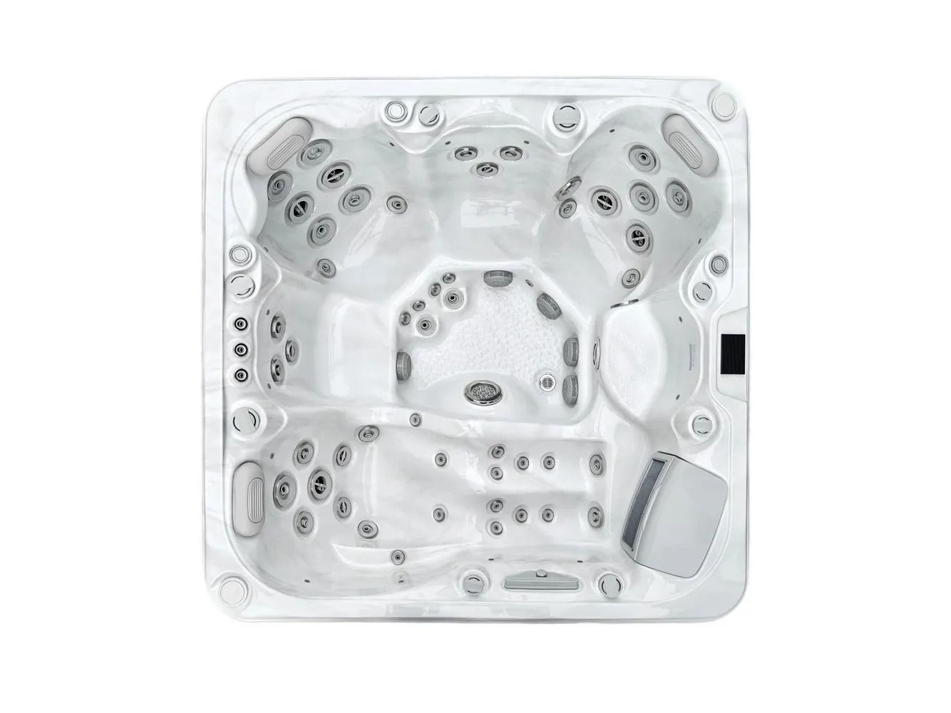 Top-down view of a white inflatable hot tub with multiple jets and seats