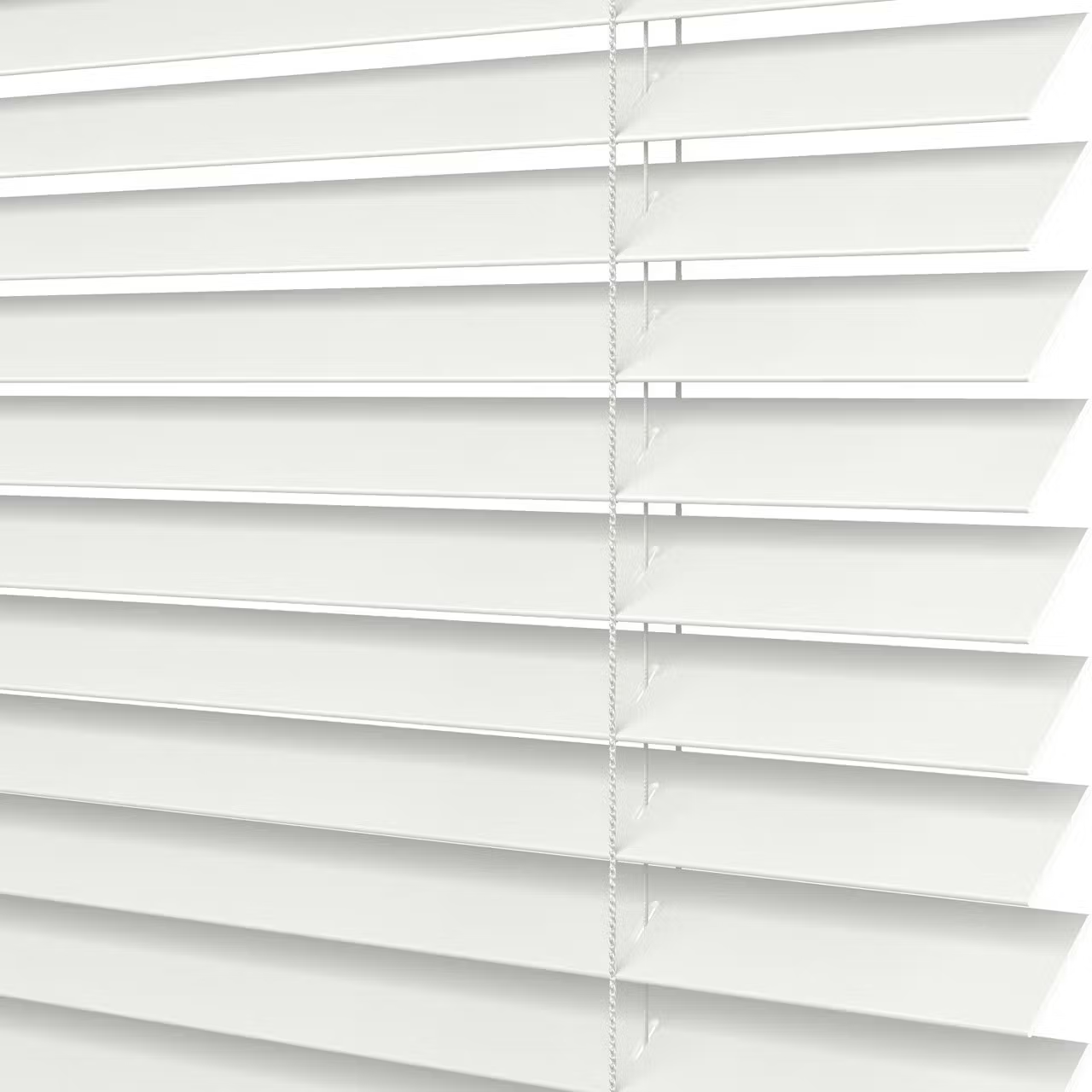 White window blinds, angled to block light.