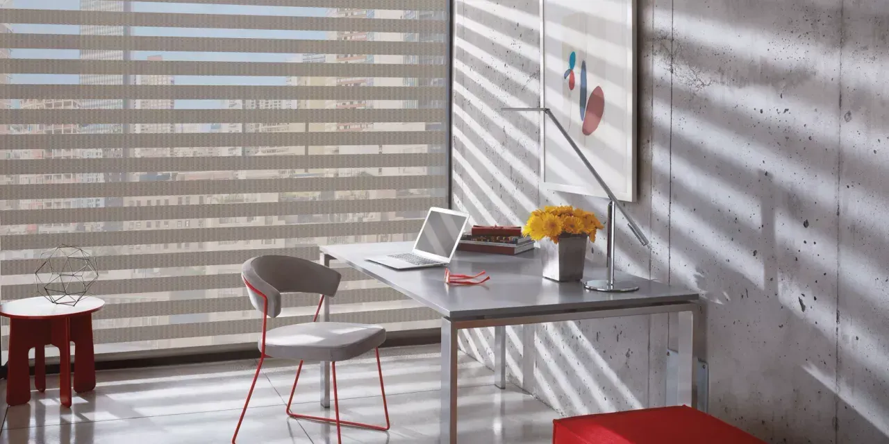 Bright modern office space with a desk, chair, laptop, and flowers. Light streams through blinds, casting shadows on a concrete wall.
