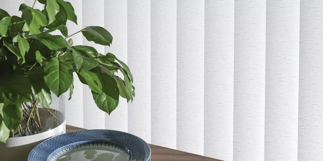 A potted green plant with a blue patterned bowl on a wooden surface, in front of white vertical blinds.