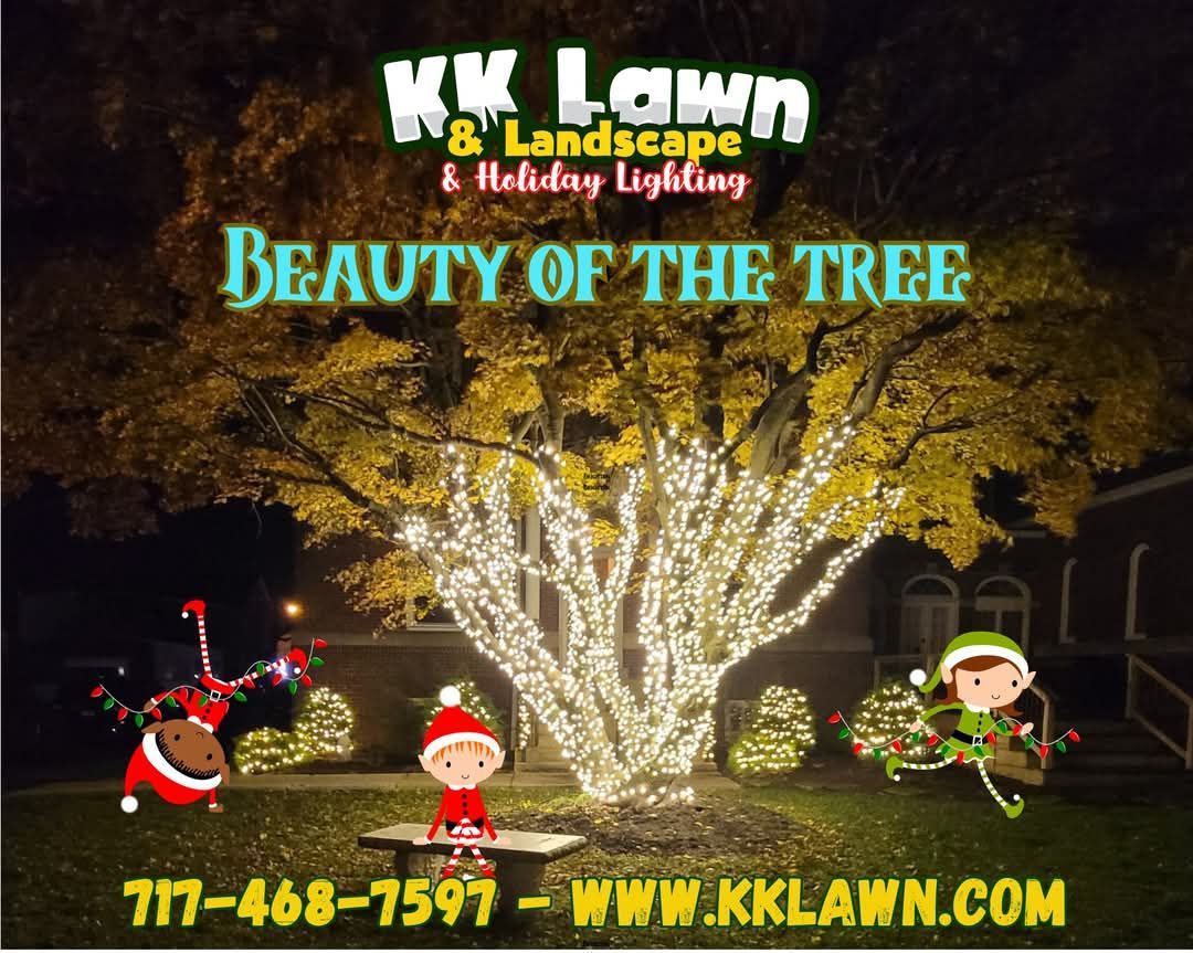 KK Lawn ad with a tree lit by holiday lights, elves, and contact info.