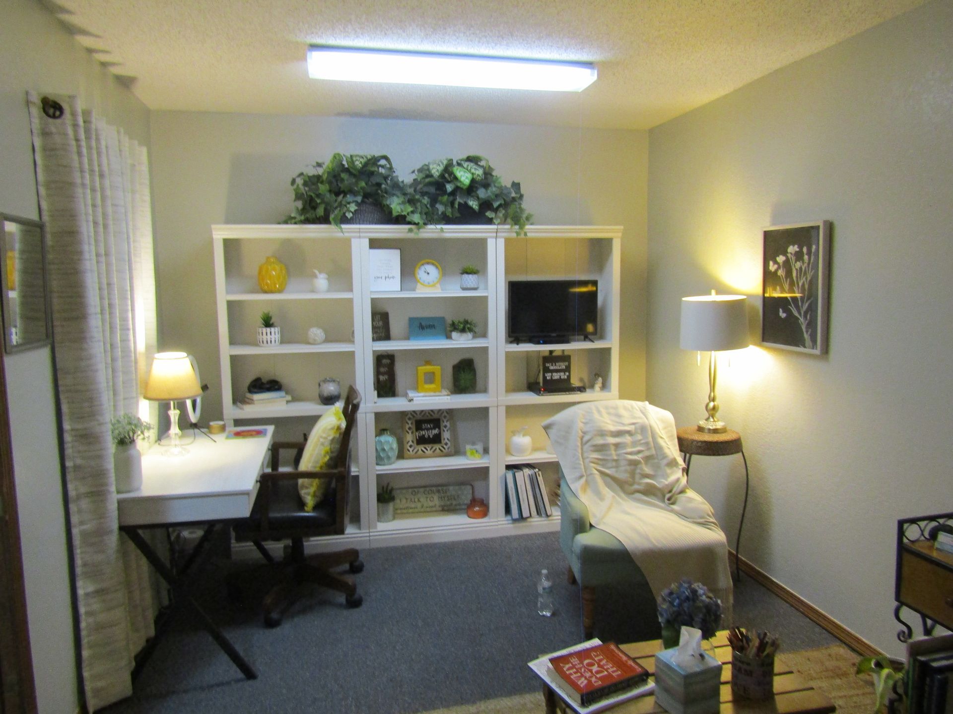 A living room with a chair a desk and shelves
