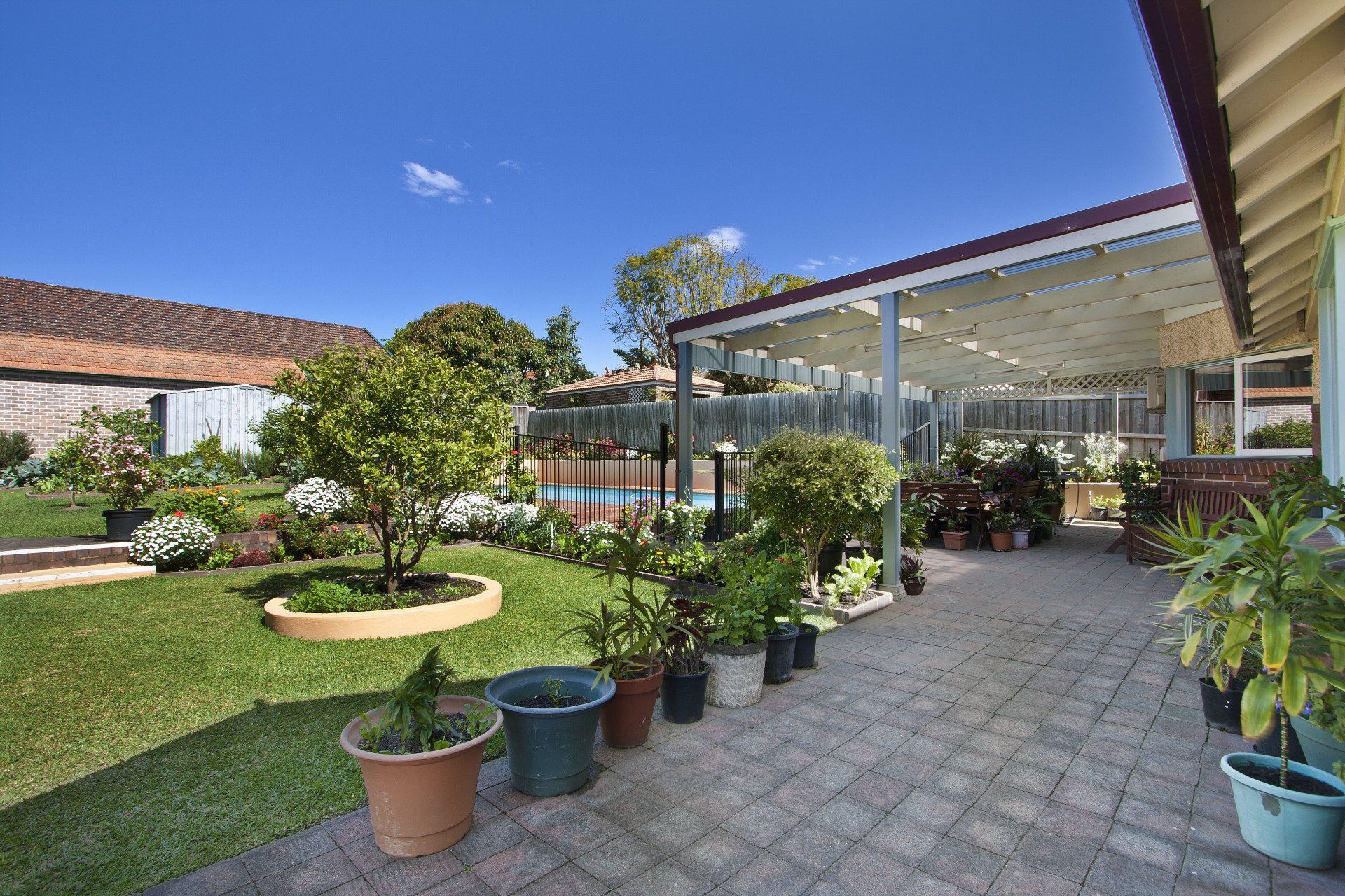 Beautiful garden with stone walkway