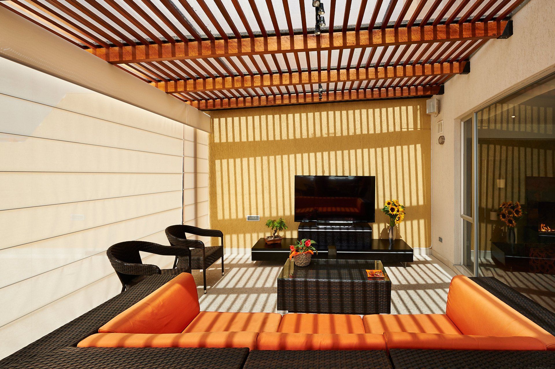 Modern interior of a living room with pergola