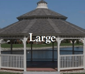 A large vinyl gazebo with lake at the back