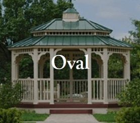 A vinyl oval gazebo with trees and plants