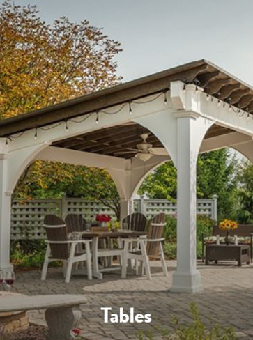 A pergola with chairs and tables underneath it