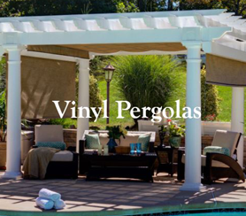 A vinyl pergola with modern chairs and tables
