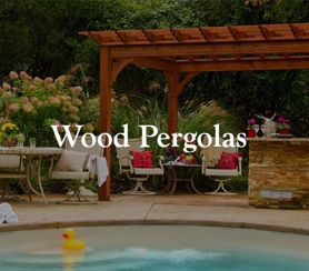 A wooden pergola with pool in front