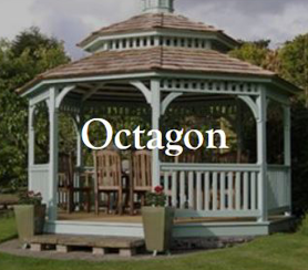 A wooden octagon gazebo with plant box in front