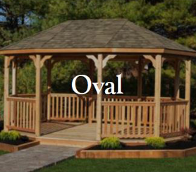A wooden oval gazebo with trees at the back