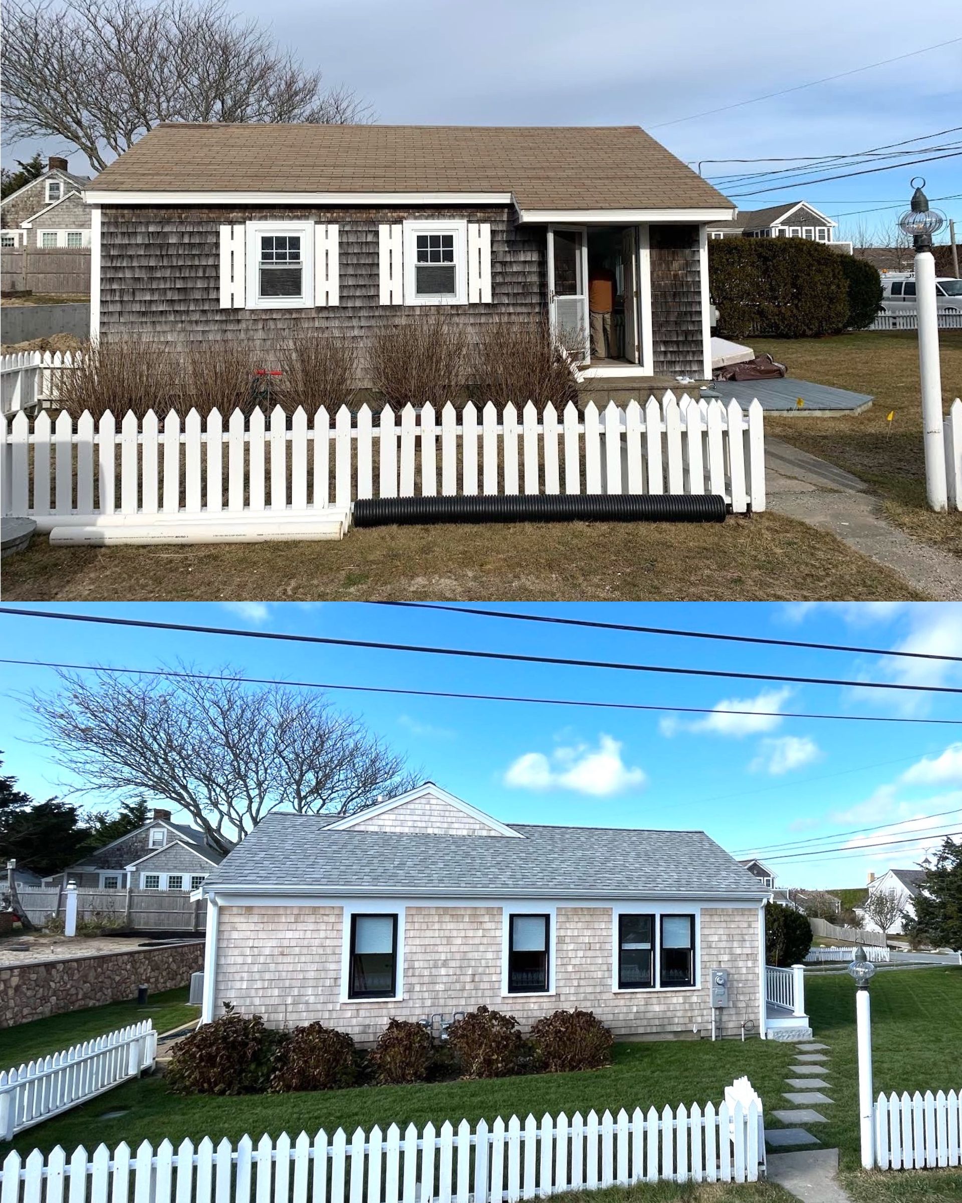 A before and after picture of a house with a white picket fence