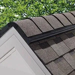 Close-up of a roof edge with shingles and a black gutter guard. White trim below. Green foliage in background.