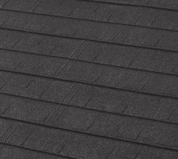 Dark gray asphalt shingle roof, diagonal lines.