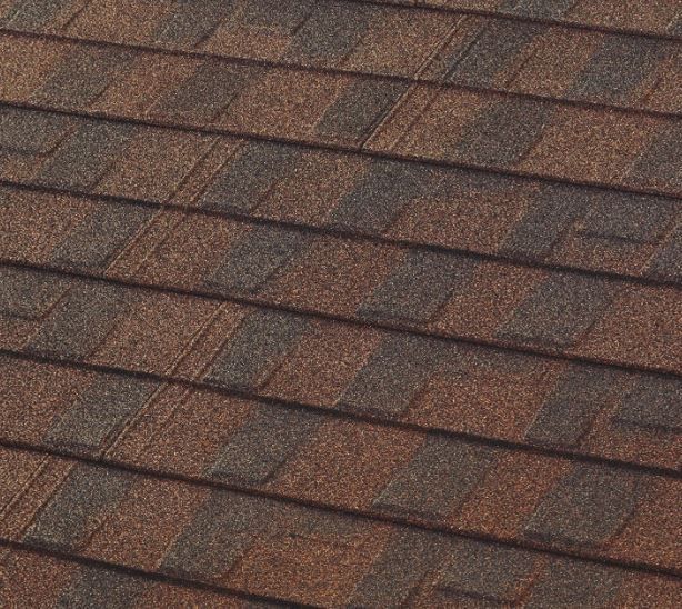 Brown asphalt roof shingles.