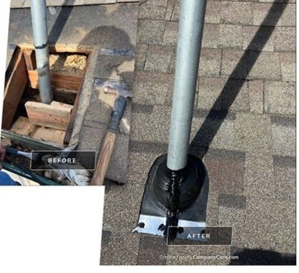 Comparison of before-and-after roof repair. Left: damaged pipe base. Right: pipe with new boot flashing.