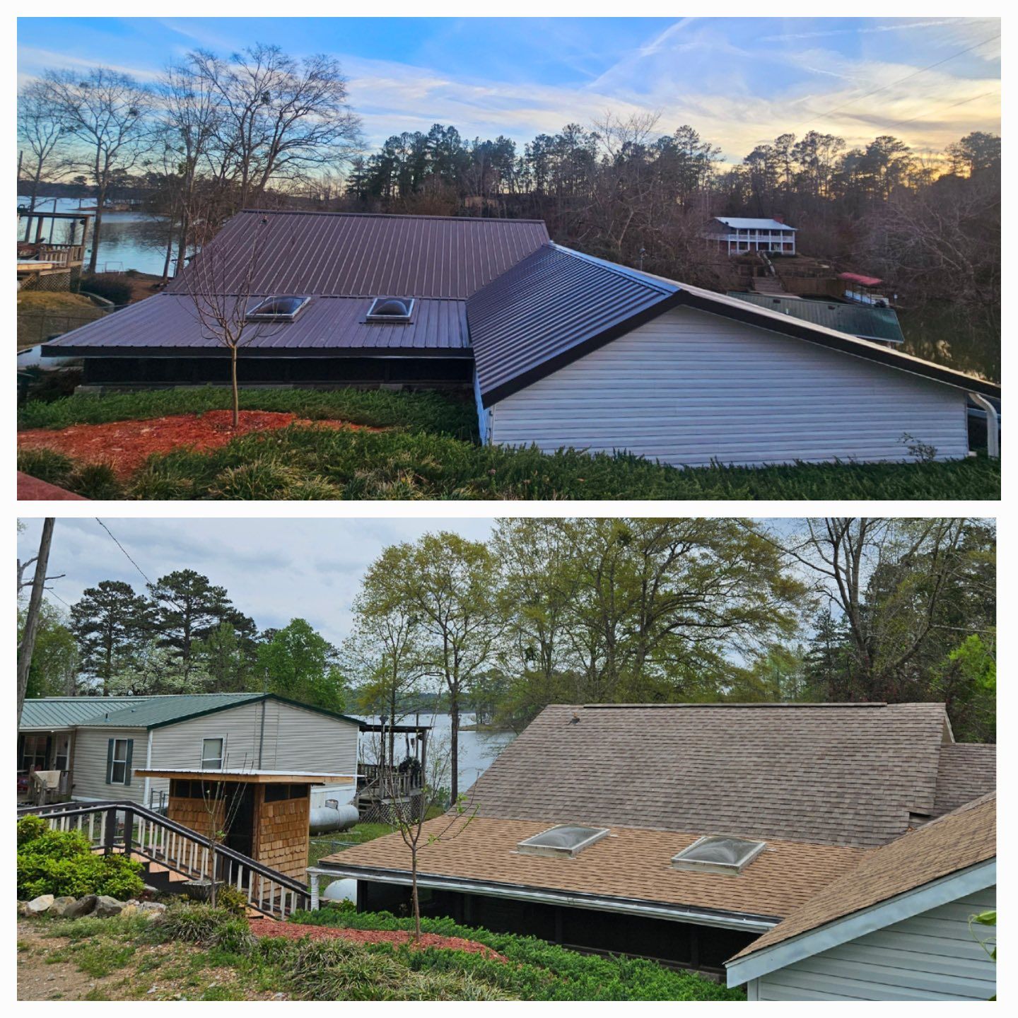 Two-panel comparison of a house with a metal roof and the same house with a shingle roof, with a lake in the background.