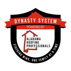 Logo for Alabama Roofing Professionals: Black shield with red banner, house outline, and slogan 
