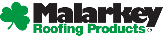 Logo for Malarkey Roofing Products. Features a green shamrock and the company name in black, with 