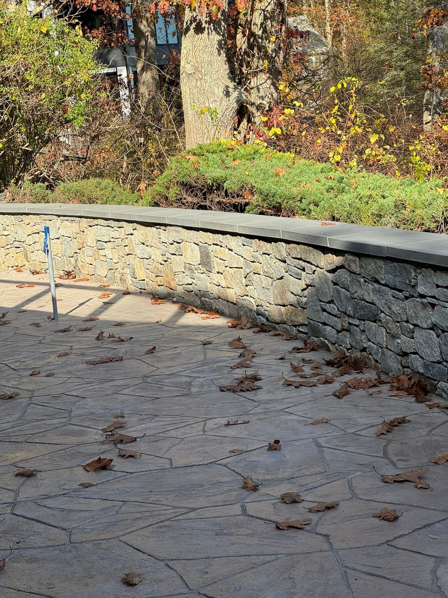 Stone patio with fallen leaves beside a low curved stone wall and autumn shrubs behind it