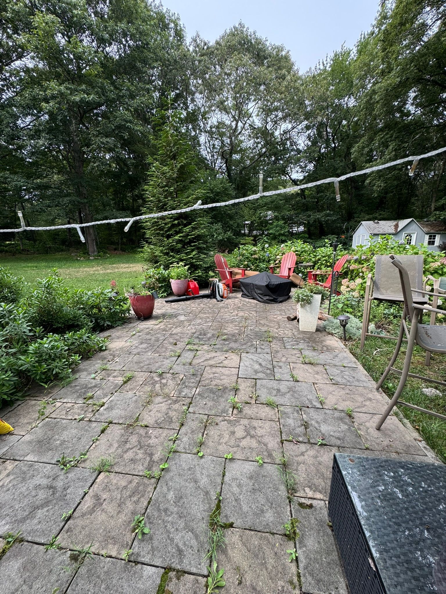Stone patio in a garden with potted flowers, string lights, and trees in the background.