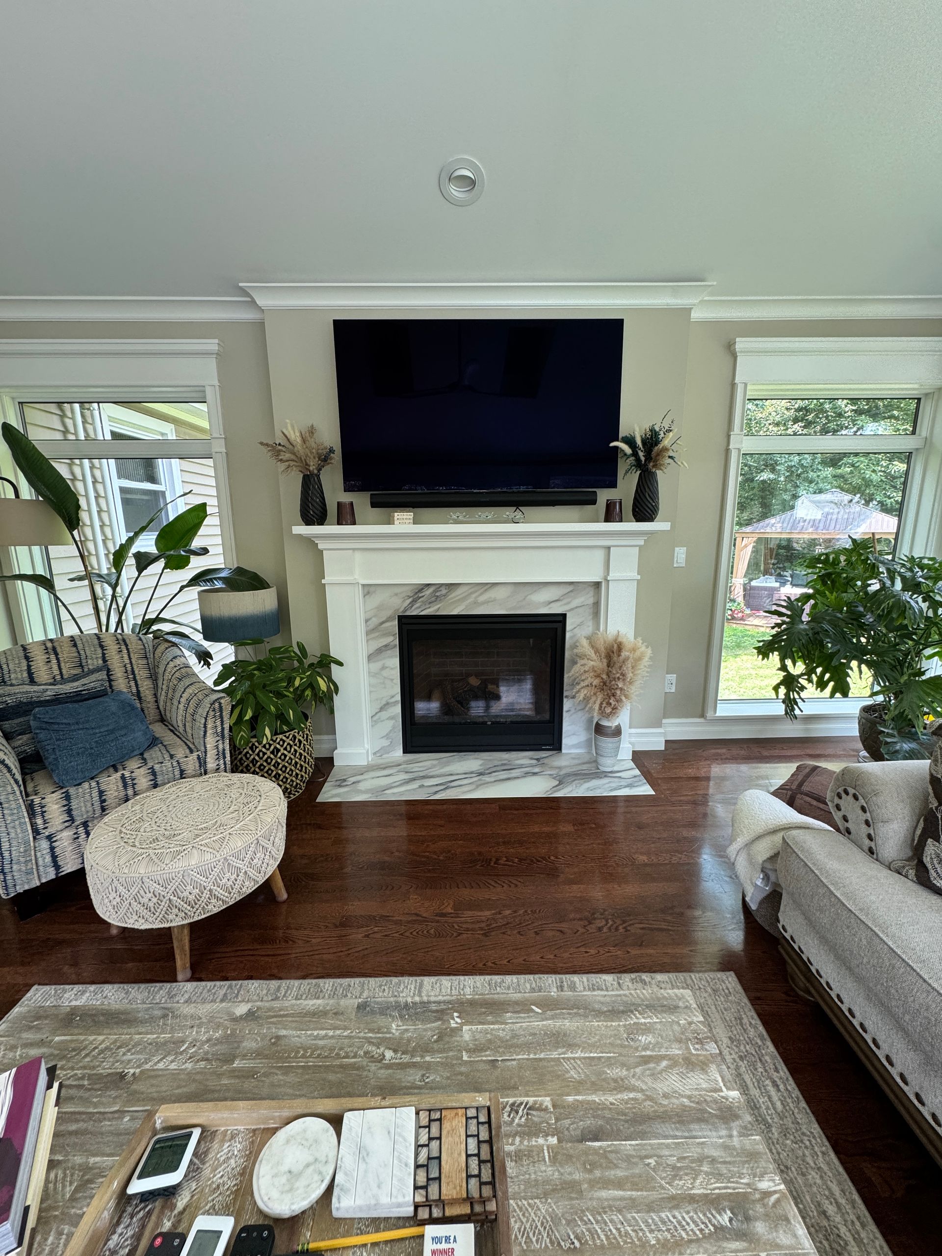 Bright living room with fireplace, wall-mounted TV, and large windows, plants, and upholstered seating.