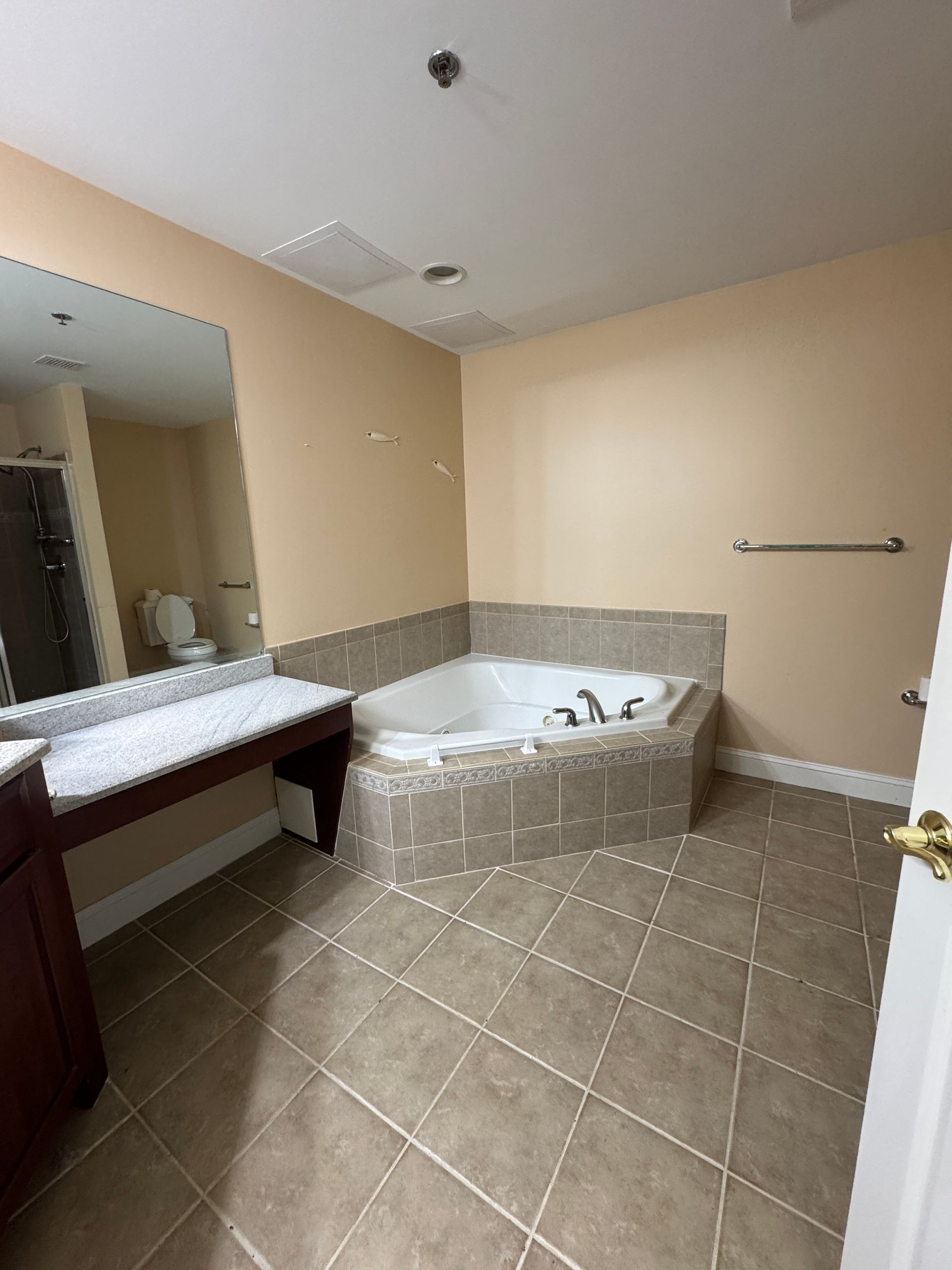 Empty bathroom with beige walls, a large mirror, vanity, and a corner soaking tub on a tiled floor.