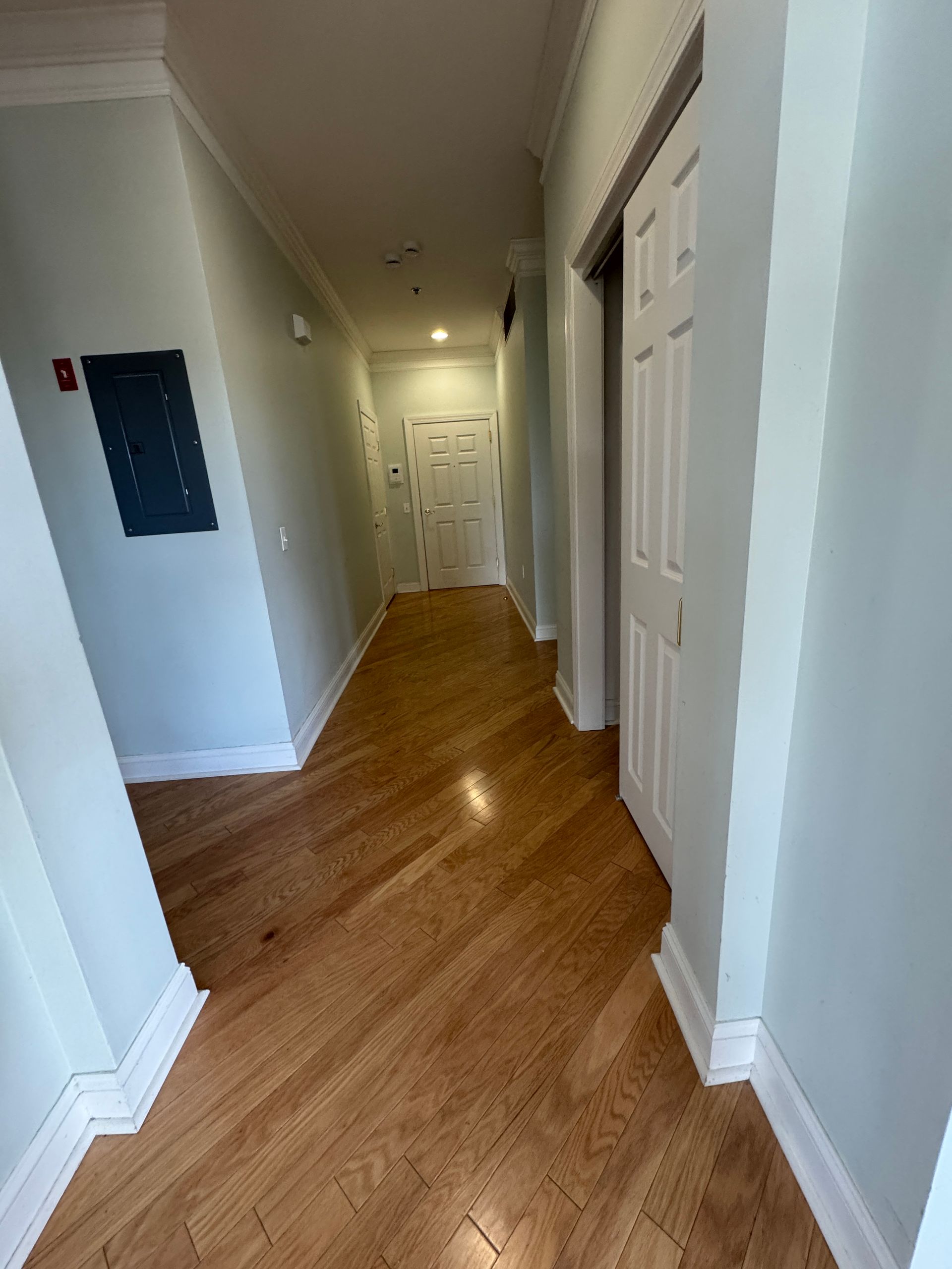 Long hallway with hardwood floor, white walls, and closed doors, lit by recessed ceiling lights