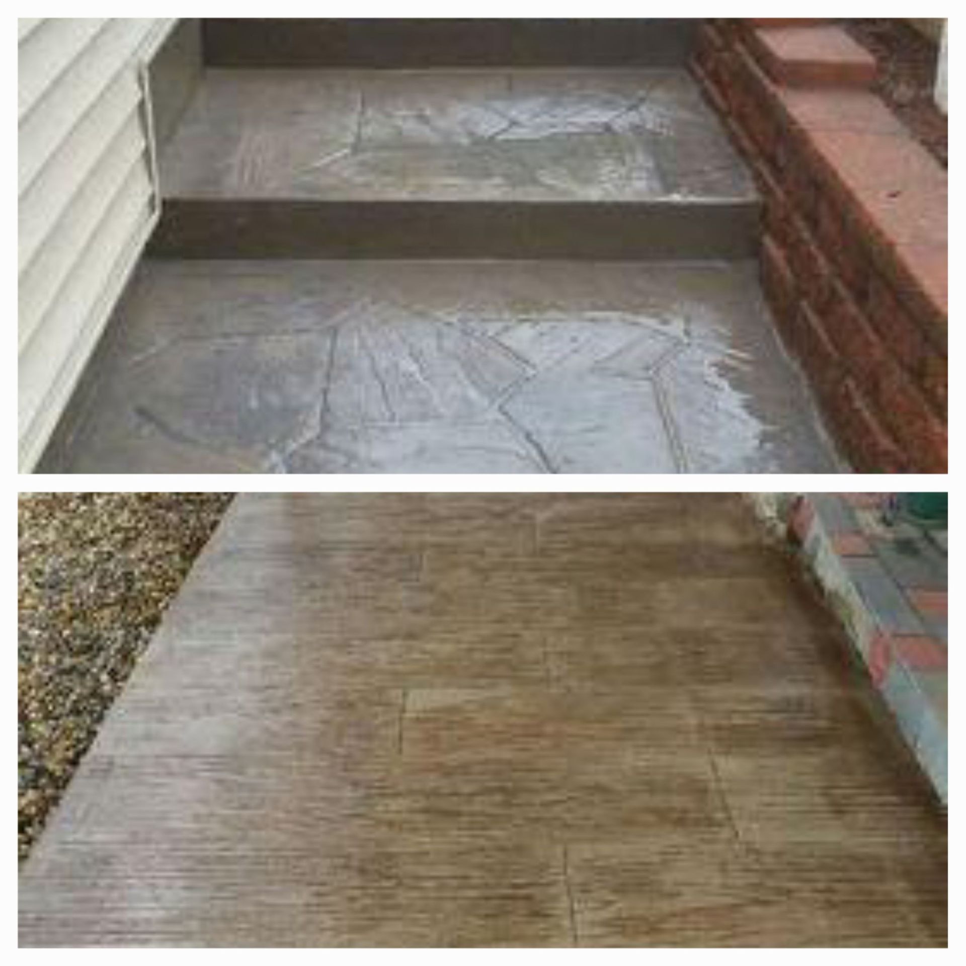 Before-and-after concrete steps: cracked gray surface replaced with smooth tan stamped concrete.